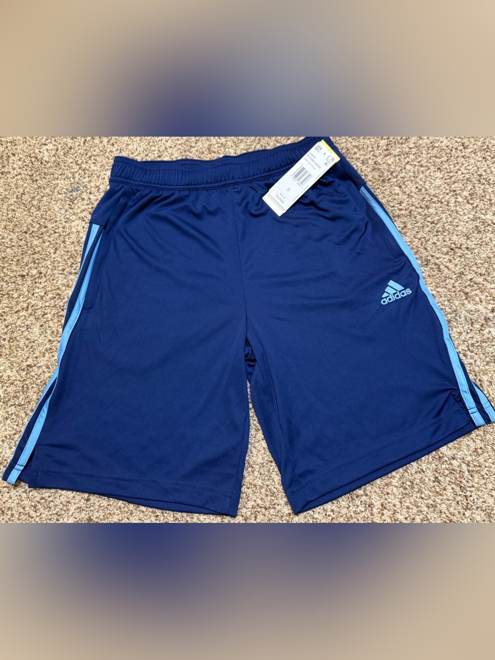 adidas Men's Navy Blue Athletic Shorts with Light Blue Stripes
